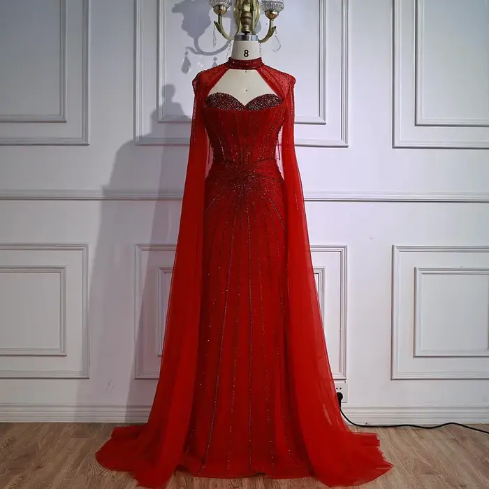 Robe de soirée sirène nue de luxe perlée avec manches cape pour femmes occasions spéciales élégantes et formelles