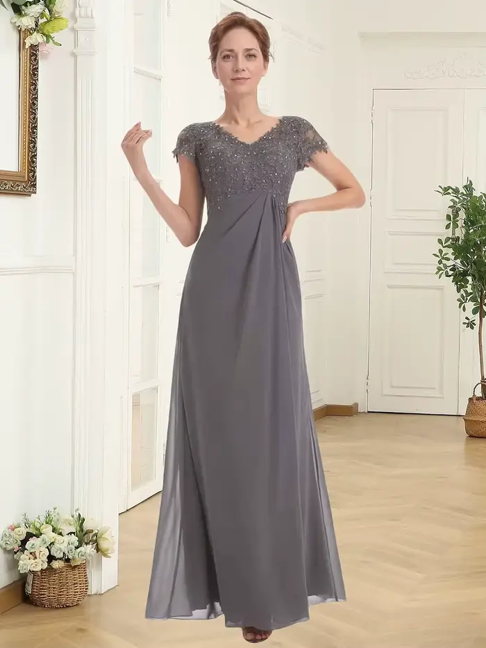 Robes de mère de la mariée personnalisées pour femmes, en dentelle, avec appliques, en mousseline de soie longue, à manches courtes, ornées de perles, pour invitées de mariage
