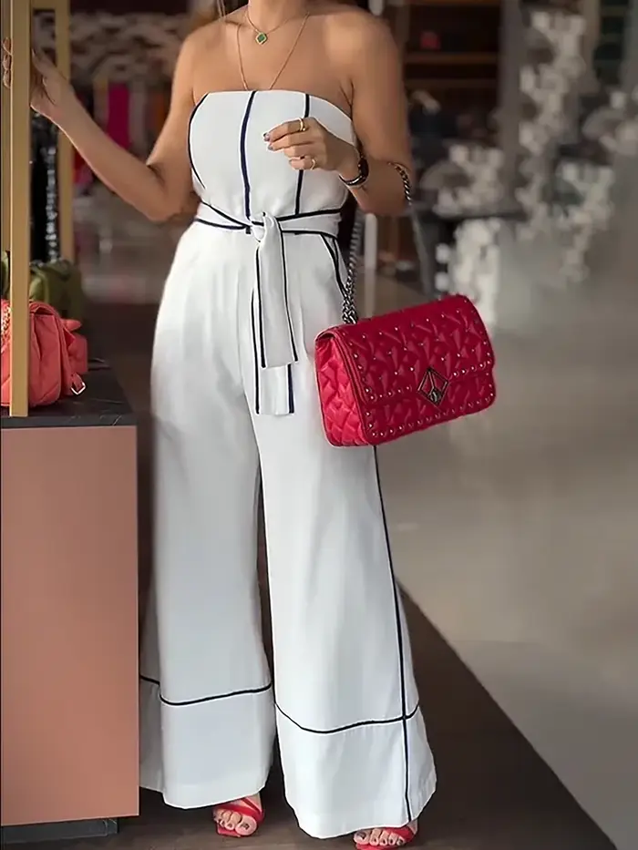 Combinaison chic sans manches pour femme avec ceinture ajustable – Pantalon blanc à jambes larges