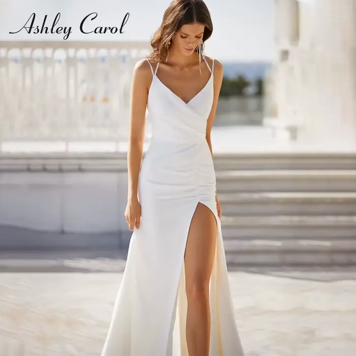 Ashley Carol-Robe de mariée fourreau en mousseline de soie, robe de Patients à ourlet fendu, col en 