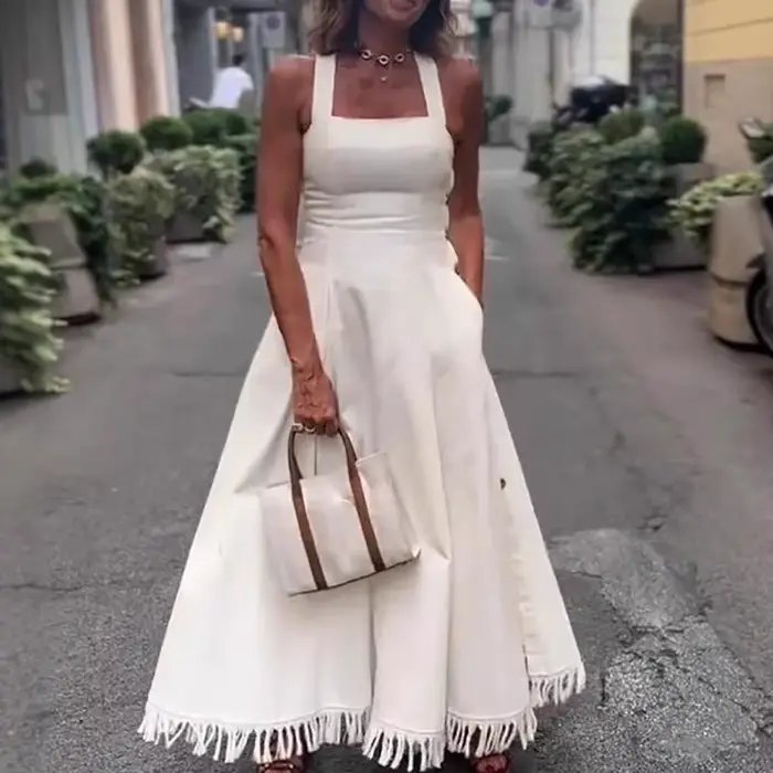 Robe longue d'été à Camisole blanche, décontractée, épaules dénudées, poches, coupe cintrée, élégant