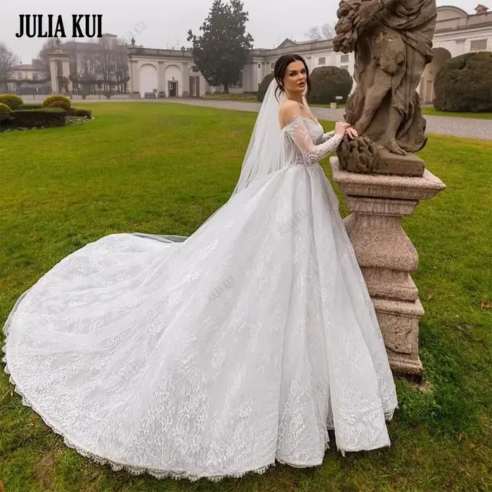 Julia Kui-Robe de Mariée en Dentelle à Manches sulfet Perles, Vêtement avec Traîne pour Patients