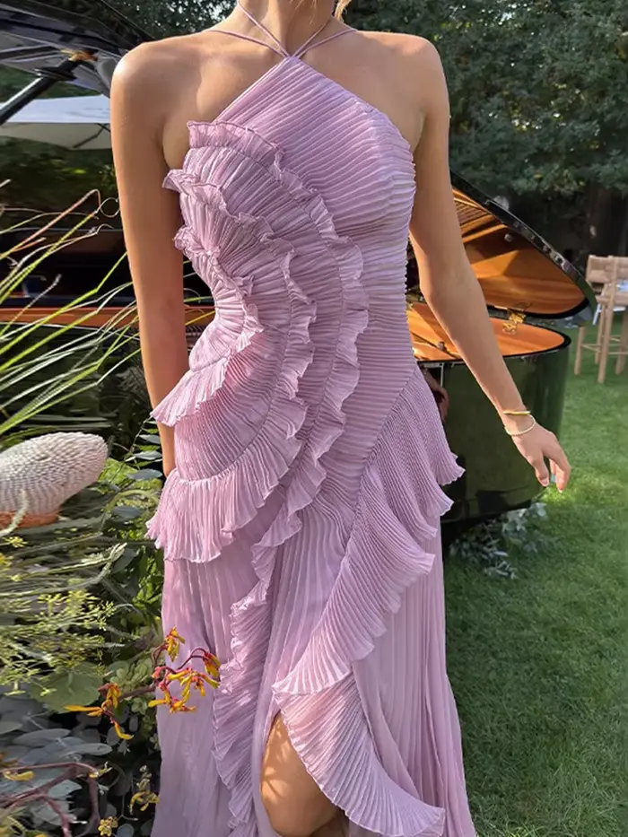 Robe de soirée Style plage avec volants sexy col licou maxi date de nuit chic et élégante dos nu pour femmes occasions spéciales