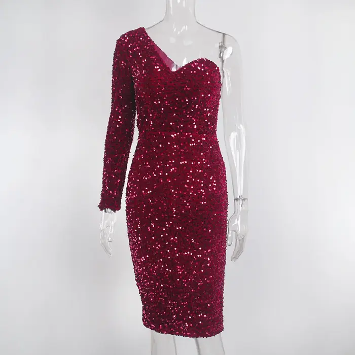 Robe de soirée à paillettes noire ou rouge sexy une épaule manches longues pour femmes bal de promo boîte de nuit été