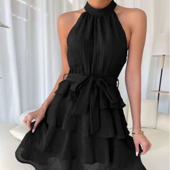 Femmes rouge Mini robe robes 2025 été mode Sexy Style licou sans manches à volants bord attaché femme