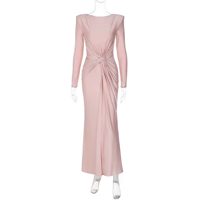 Robe de soirée élégante pour femme, col rond, manches longues, froncée, taille haute, moulante, long
