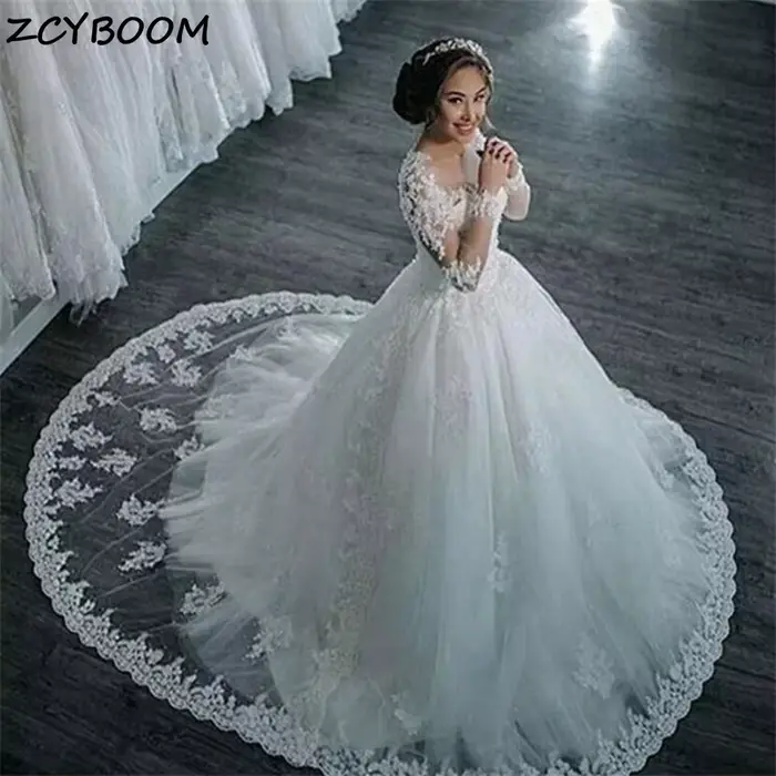 Robes de mariée Illusion blanc/ivoire 2026, manches longues, appliques en dentelle, perles, paillett
