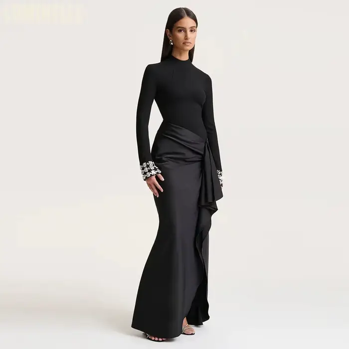 Robe de bal noire à col montant pour femmes, style sirène, perles et cristal, soirée de gala, cérémonies formelles, luxe 2026