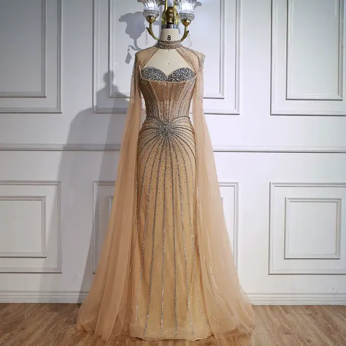 Robe de soirée sirène nue de luxe perlée avec manches cape pour femmes occasions spéciales élégantes et formelles