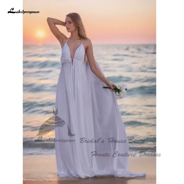 Robe de mariée en mousseline de soie blanche ou ivoire, style simple, décolleté en V, train de balayage, sangles de spaghetti, sans dossier, pour cérémonie de mariage ou plage