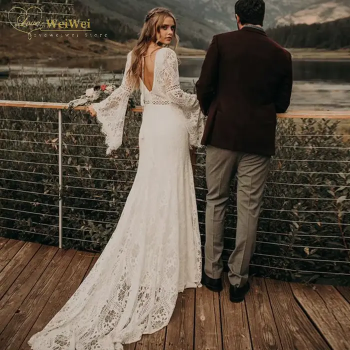 Robe de mariée bohème élégante ligne profonde col V traîne courte manches évasées dos nu ceinture en dentelle occasion spéciale