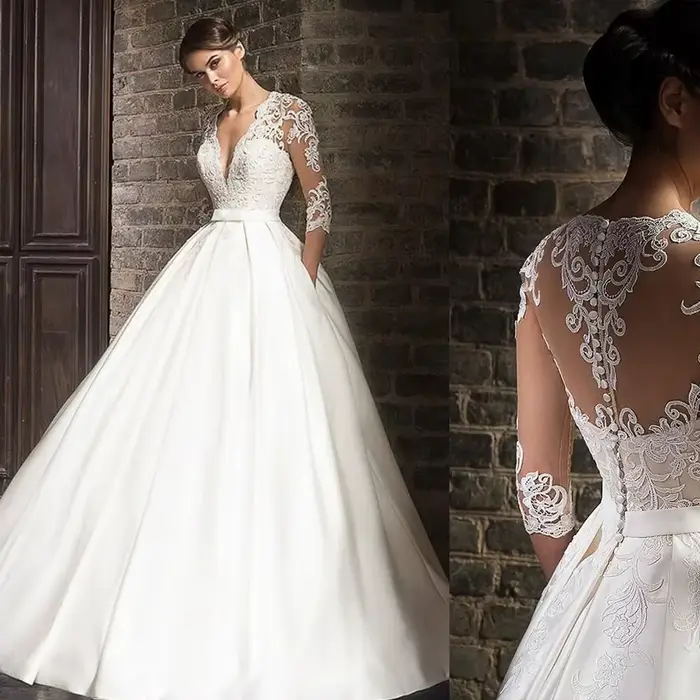 Robe de mariée en dentelle luxueuse avec col en V et fini satiné silhouette une ligne pour mariage élégant