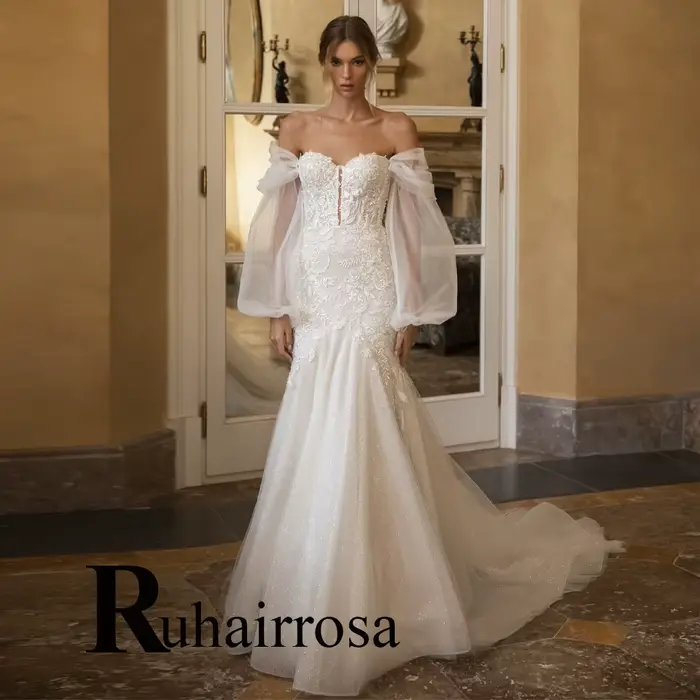 Ruhair charmante robe de mariée pour mariée sirène Appliques laçage perles sans manches fiançailles 