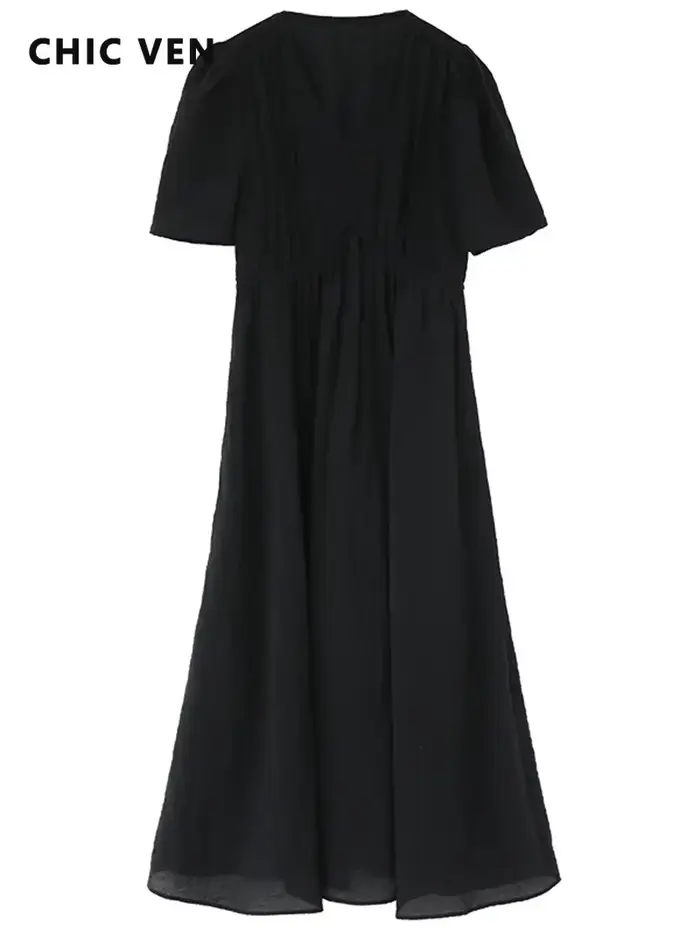 CHIC VEN-Robe longue à manches bouffantes et col en V pour femme