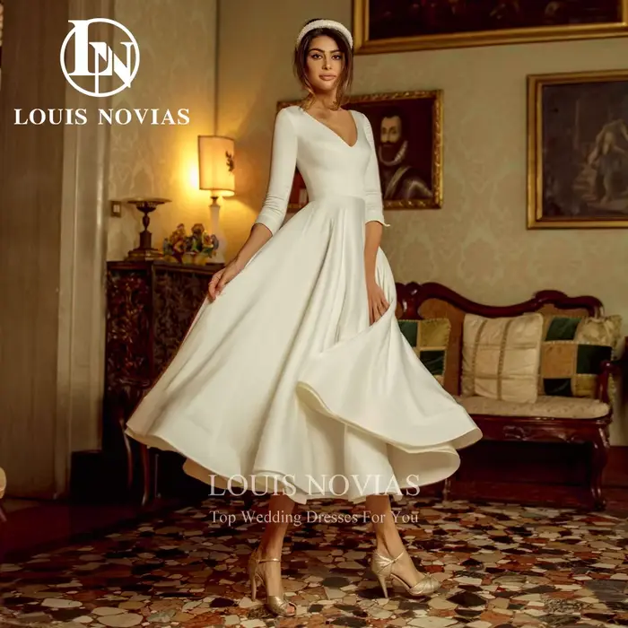 Modiis-Robe de mariée mi-longue en satin avec manches 3/4
