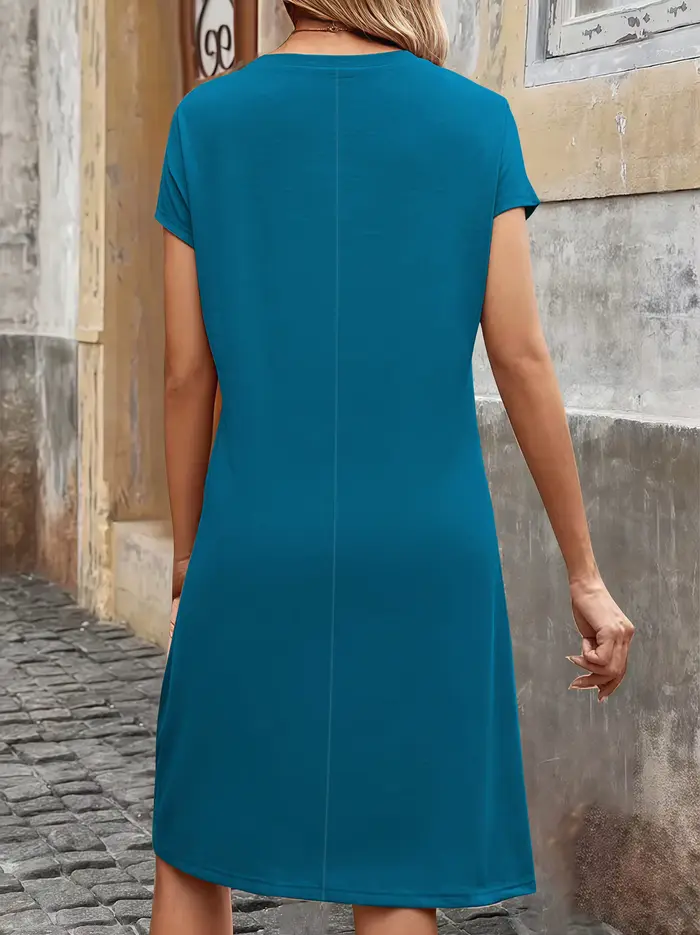 Robe d'été grande taille couleur unie élégante col rond détails à volants manches courtes confortables occasions spéciales femmes
