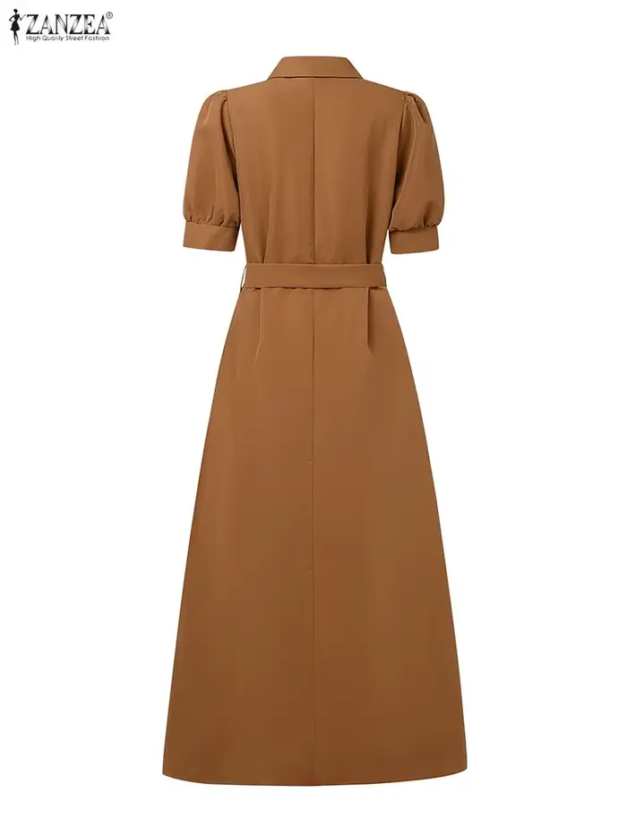 ZANZEA élégant Robe longue de soirée avec ceinture 2025 été femmes solide à manches courtes Maxi robes mode mariage