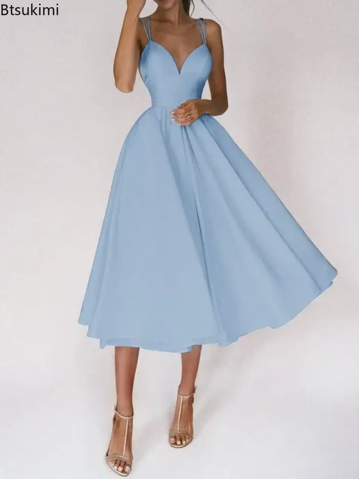 Robe de soirée élégante pour femmes, camisole sans manches, polyester, mi-mollet, col en V, pour mariages, soirées et occasions spéciales