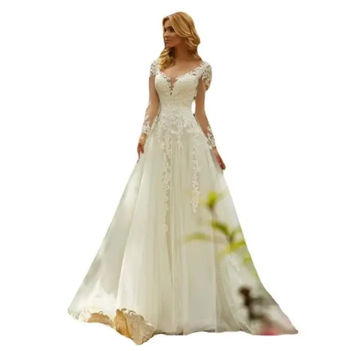 Robe de mariée en mousseline de soie et dentelle à manches longues avec col en V et train de balayage/brosse pour femmes occasions spéciales
