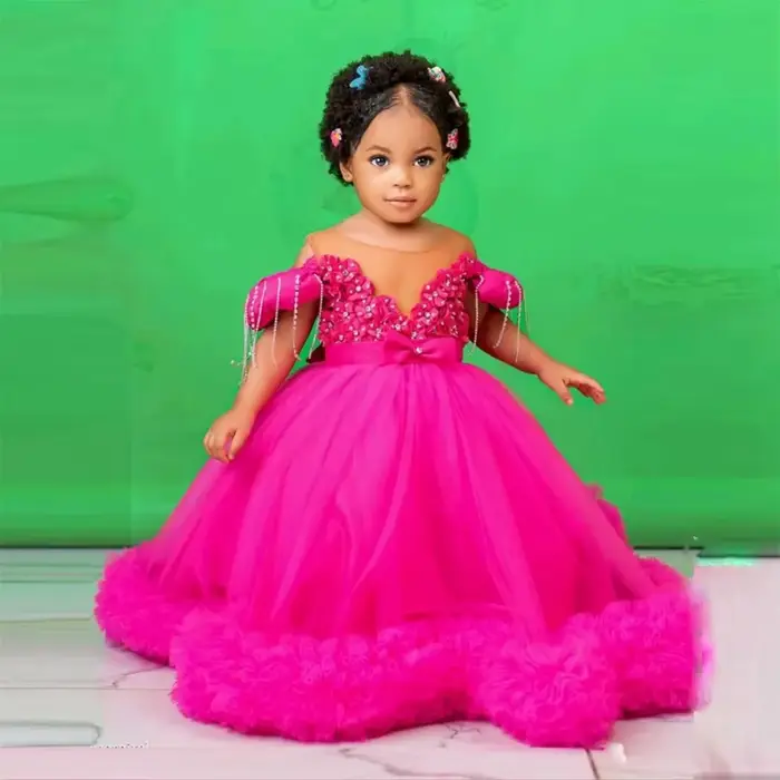Po-Robe de Princesse en Tulle à Fleurs Faites à la Main