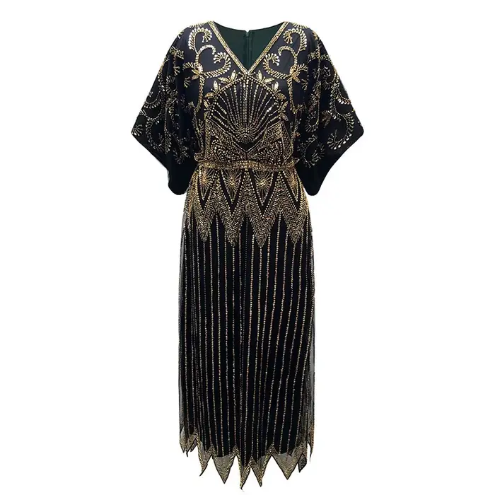 Robe de soirée longue à paillettes pour femmes, élégante, col en V, manches courtes, ligne A, taille