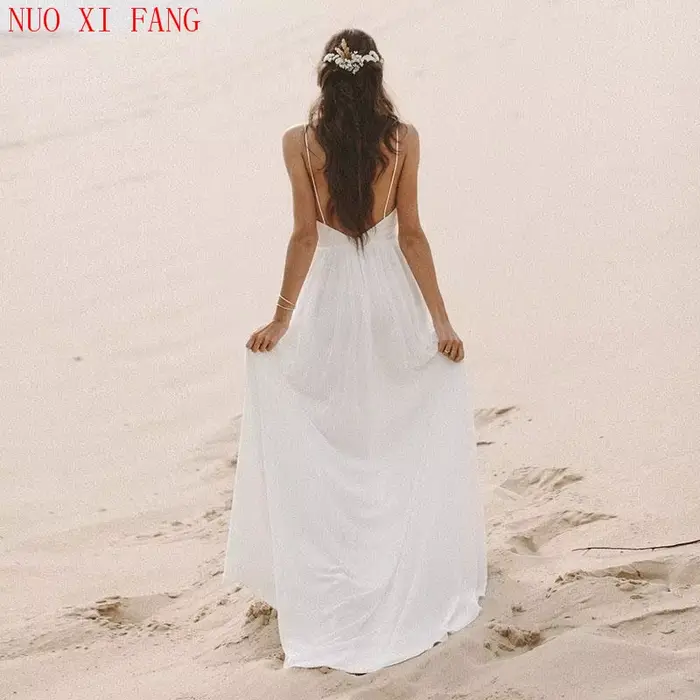 Robe de Mariée Sexy en Mousseline de Soie, Tenue de Plage, Col en V, Dos aux, Bretelles Spaghetti, Style Boho, pour Patients, Bon Marché, 2022