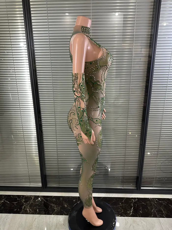 Combinaison Chic en Maille Transparente pour Femme Style Sexy et Club Pantalon Crayon Col Montant Tenue de Soirée et de Club Occasionnels