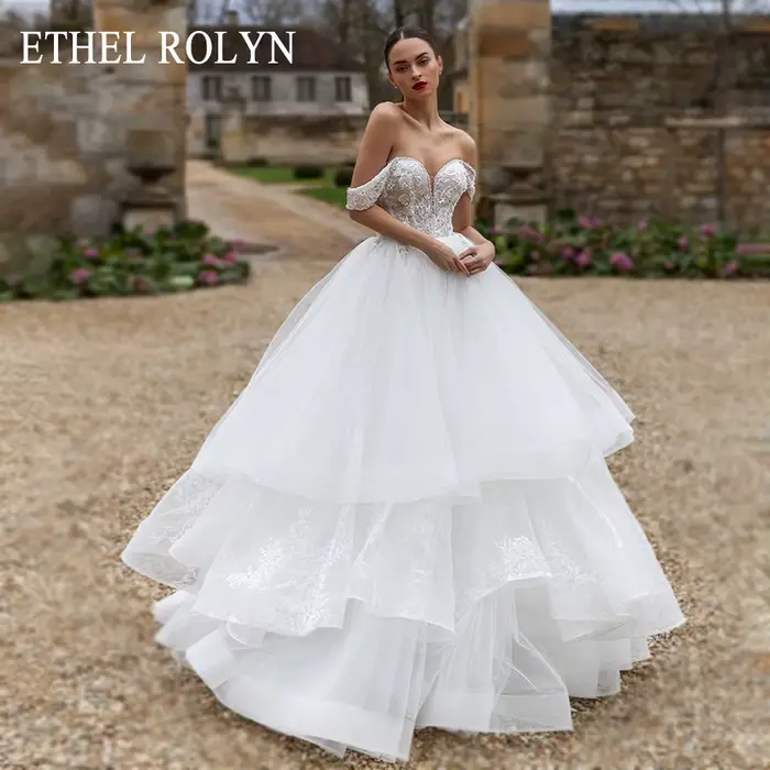ETHEL ROCirCN-Robe de Mariée Trapèze Sexy avec Perles Élégantes, Manches Cape, à Volants, pour Patie