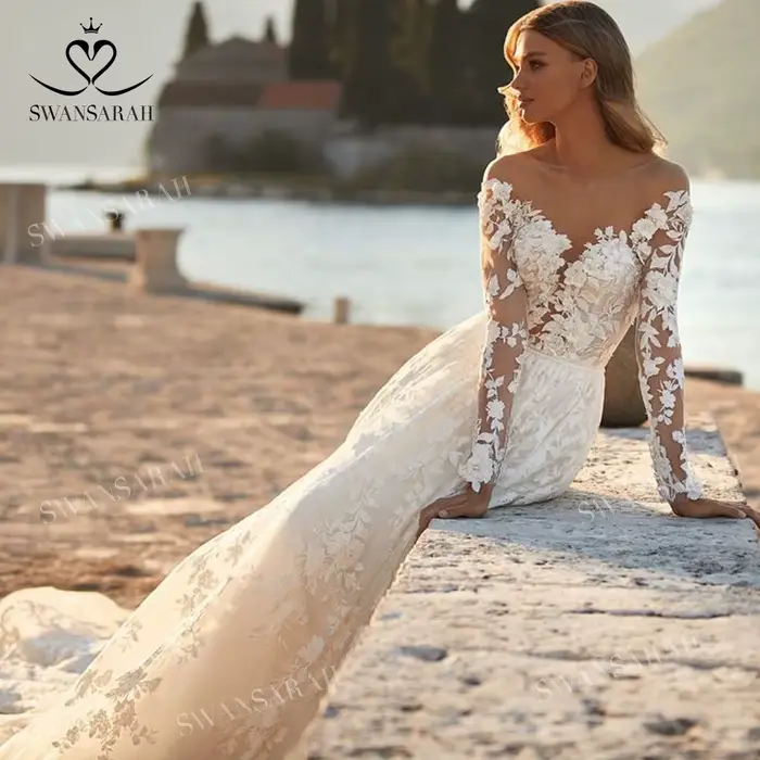Robe de mariée sirène SwanSarah M0.25 en polyester, avec manches longues, fleurs 3D, soutien-gorge intégré, pour femmes enceintes, occasions spéciales, mariage traditionnel, cérémonies de fiançailles, événements de charité