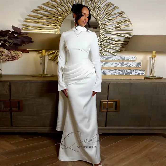 QICHE modeste pli musulman sirène robes De mariée femmes manches longues avec Cape col haut Robe De 