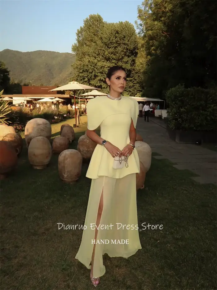 Dianruo jaune pâle une ligne robes De Soirée fente latérale col rond Robe
