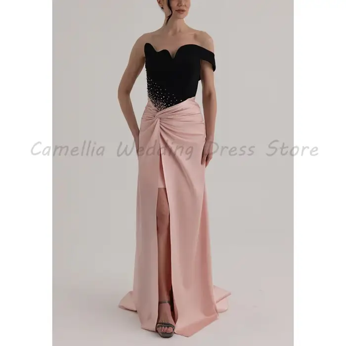 Robe de soirée asymétrique noire à perles, col ondulé, drapé torsadé, en satin rose, avec fente haute sur le côté, longueur ras du sol, pour invitée de mariage ou tenue de cérémonie, élégante et sophistiquée, pour femmes de tous âges