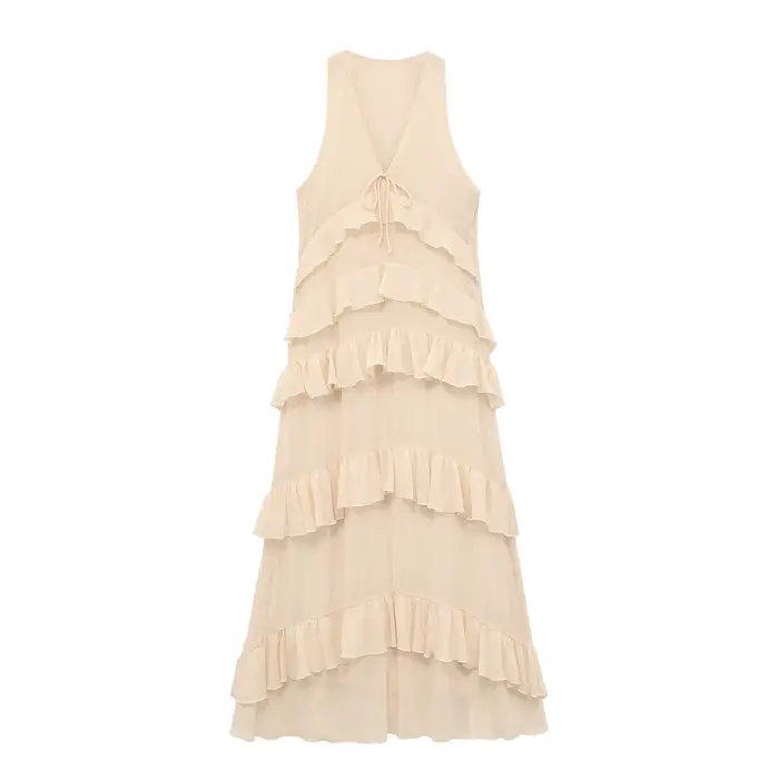Robe midi élégante beige pour femme, nouvelle collection printemps-été, robe chic en mousseline sans