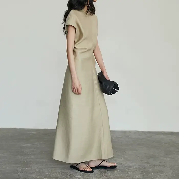 Robe longue beige à manches courtes, décontractée et élégante, avec taille cintrée, coupe trapèze, p
