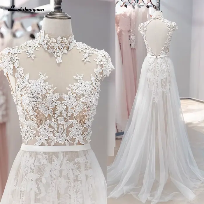 Yanshmigown-Robe de mariée bohème, dentelle vintage, tulle perlé, col haut, patients sexy, robe de m