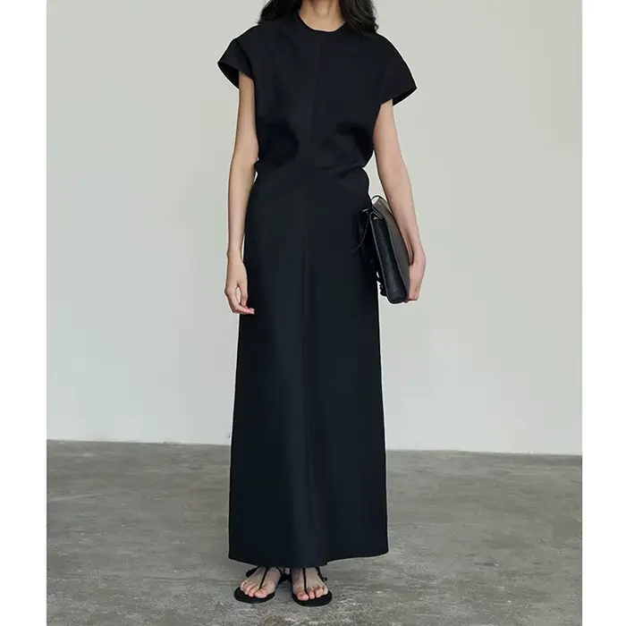 Robe longue beige à manches courtes, décontractée et élégante, avec taille cintrée, coupe trapèze, pour femme, idéale pour l'été et le bureau