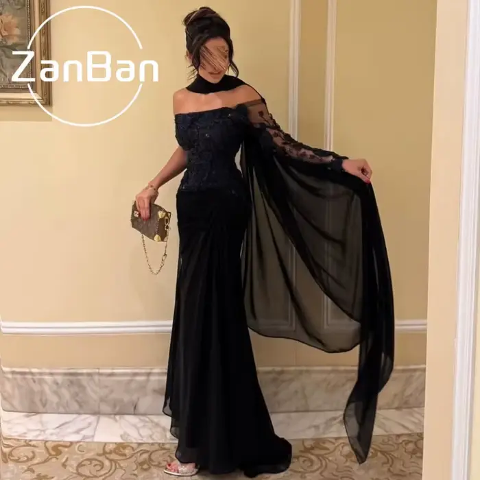 Robes de soirée de luxe en mousseline noire ZanBan, personnalisées, à épaules dénudées, avec appliqu