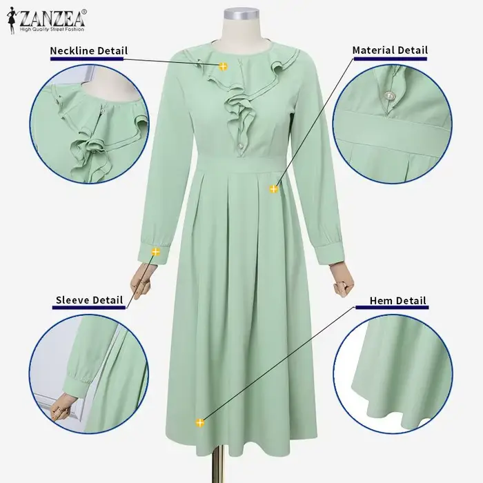 ZANZEA Robes Midi Femme Été Printemps Décontractées Manches Longues Unies Col Rond Ample