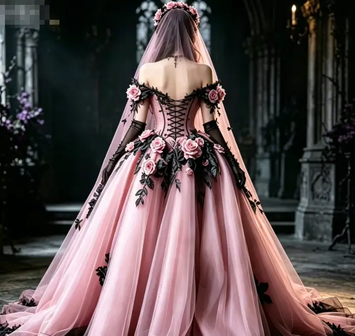 Robe de mariée gothique violette Whimsigoth avec motifs floraux roses épaules dénudées silhouette princesse victorienne soirée grunge enchantée occassionnelle pour femme