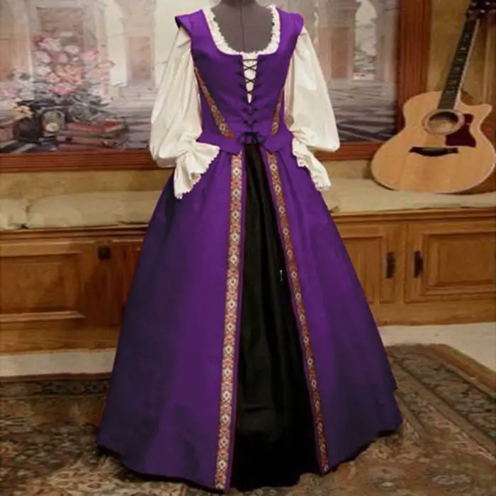 Ensemble robe deux pièces pour femme, style Renaissance médiévale, col carré, taille cintrée et jupe