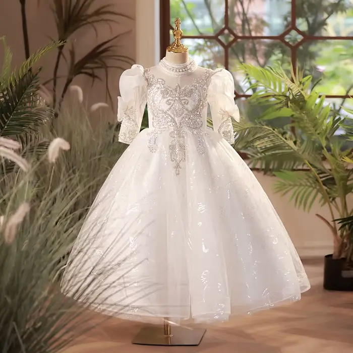 Robe de mariée à fleurs blanches pour filles, robe centrale pour enfants, pour spectacle d'hôte, con
