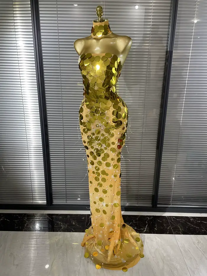 Robe longue sirène moulante transparente en maille à sequins argentés et dorés pour femme