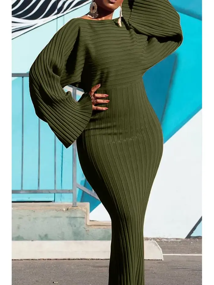 Robe longue côtelée tricotée à manches chauve-souris pour femmes