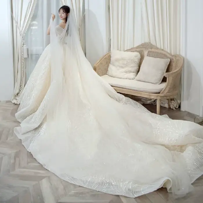 Robe de mariée de luxe à paillettes col bateau épaules dénudées personnalisée pour femmes grandes occasions spéciales