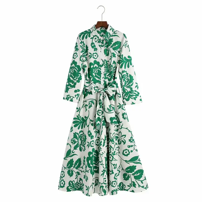Robe maxi en rayonne de coton à imprimé floral vert pour femmes, robe vintage à manches longues, rob