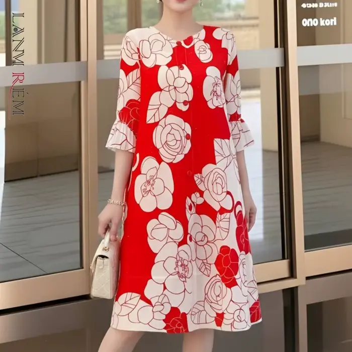 Robe plissée évasée à imprimé floral rose rouge pour femme LANMREM