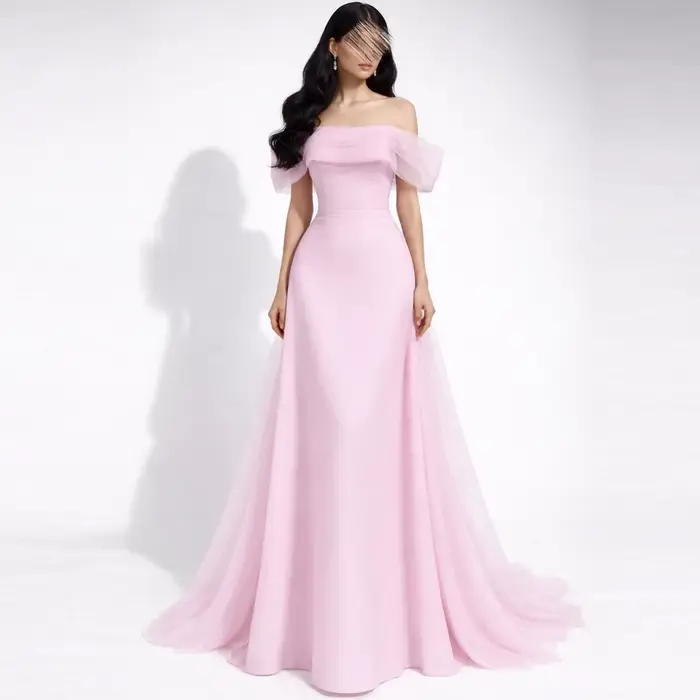 Robes de bal rose à épaules dénudées avec volants et traîne, robes de soirée, robes de fête d'annive