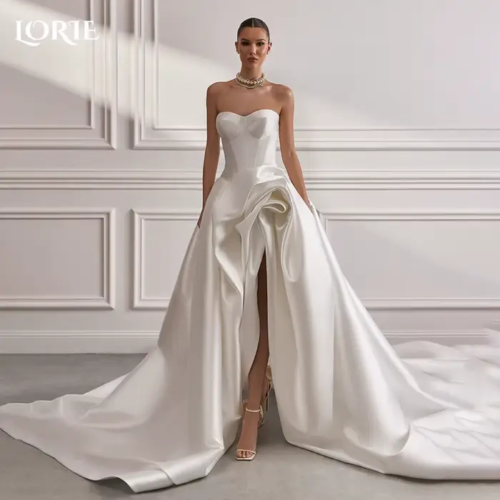 LORIE – robe de mariée Vintage froncée, col en V, sans bretelles, ligne a bouffante, robe de mariée 