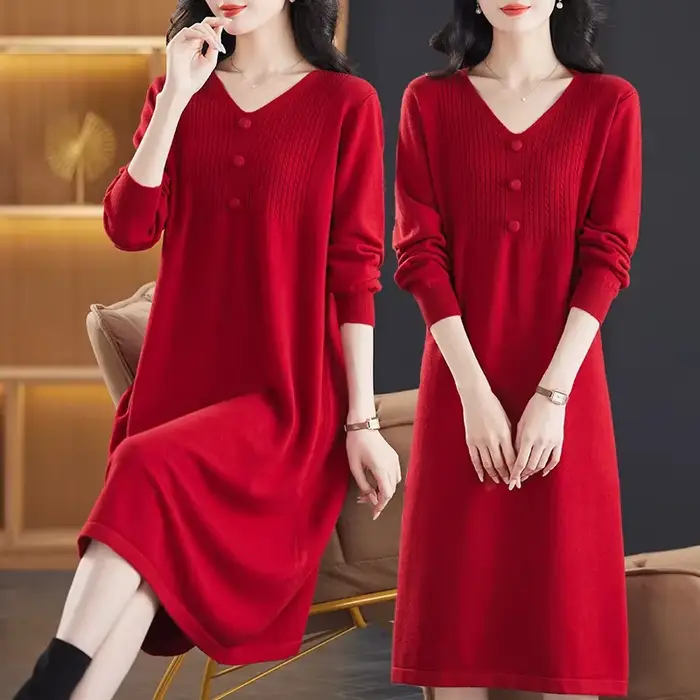 Robe tricotée en polyester rouge pour femmes, mode élégante avec boutons et col en V, adaptée à l'automne et à l'hiver occasions spéciales