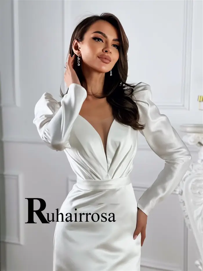 Ruhair Chic robe De mariée pour les femmes col en v sirène manches bouffantes Satin laçage balayage Train robes De Novia personnalisé